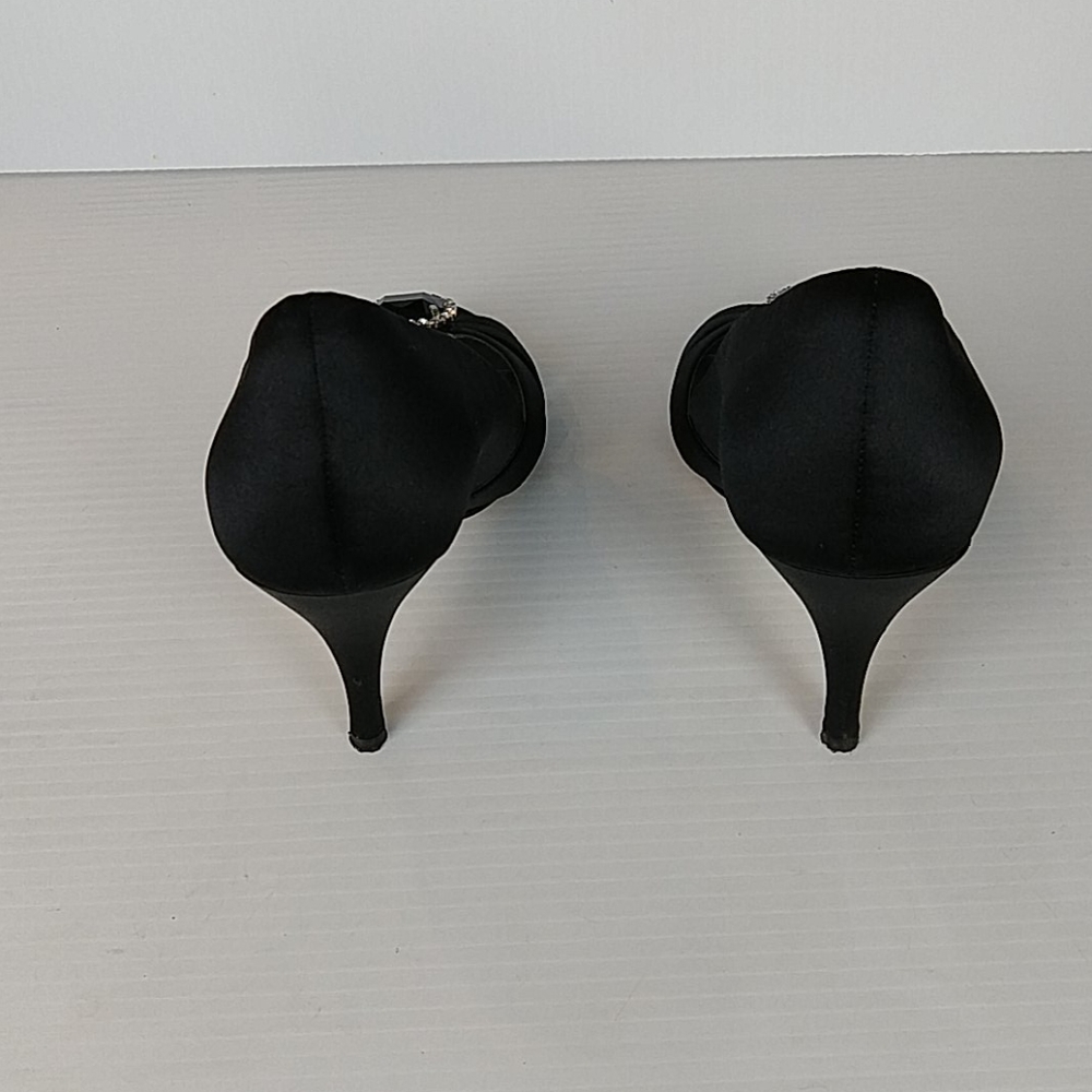 Caparros Black Satin Strappy Open Toe Black Onyx Rhinestone Jeweled Vamp Heel - Picture 5 of 13